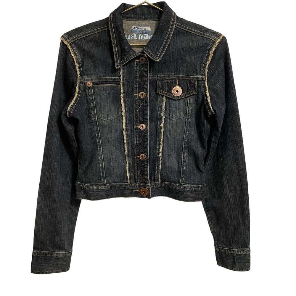 Azzure Love Life Denim Jacket Dark Wash Distressed Raw Edge Cropped Womens S